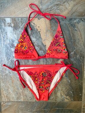 Vintage Victoria’s Secret Triangle Bikini Set Coral Floral Paisley Boho Small S